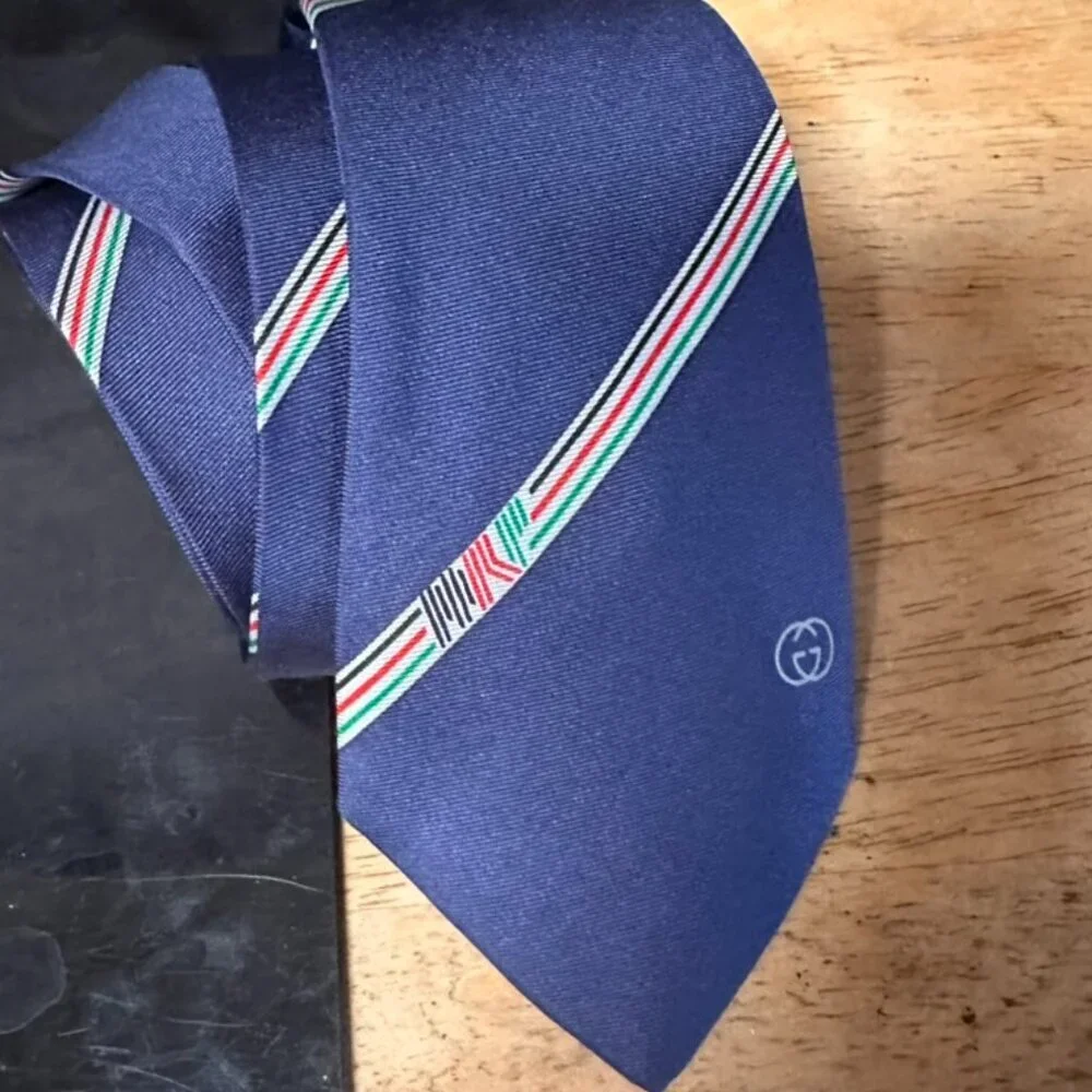 Gucci Silk Tie Logo Mens Gift  Art Necktie Luxury Blue Striped Office Formal Vtg